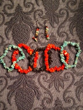 Handmade Turquoise, Red Coral & Black Chip Stretch Bracelets Set - Women Jewelry